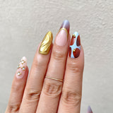 Marbled Brown-And-Blue Patches And Metallic Gold Waves Press-On Nails