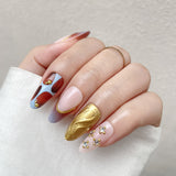 Marbled Brown-And-Blue Patches And Metallic Gold Waves Press-On Nails