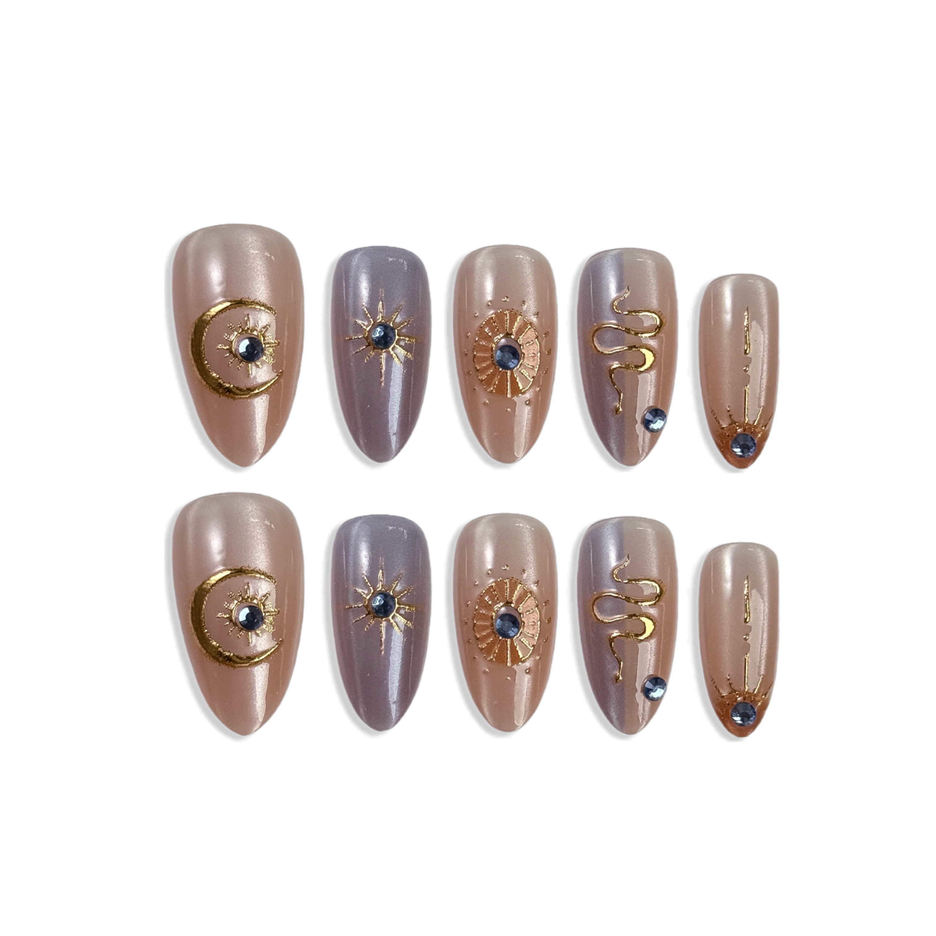 Set of nail art designs on neutral-colored nails with decorative elements.