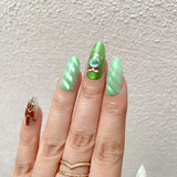 Green-And-White Stripes With Santa Claus And Snowman Press-On Nails