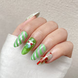 Green-And-White Stripes With Santa Claus And Snowman Press-On Nails
