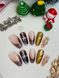 Marbled Brown-And-Blue Patches And Metallic Gold Waves Press-On Nails