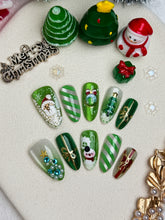 Green-And-White Stripes With Santa Claus And Snowman Press-On Nails