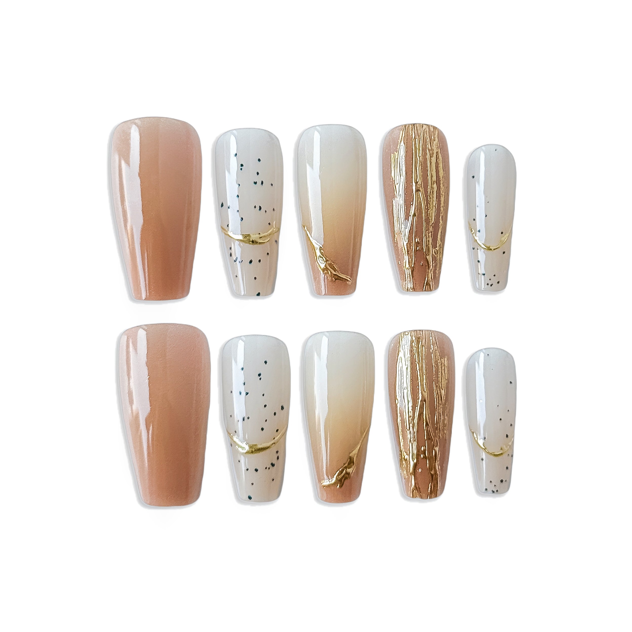 Set of nail art designs with gradient colors and gold accents on a white background