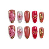 Pink 3D Flowers, Marbled Patterns With Gold Foil Accents Press-On Nails