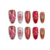 Pink 3D Flowers, Marbled Patterns With Gold Foil Accents Press-On Nails