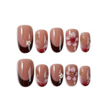 Pink And White Flower Accents Red Brown French Tip Press-On Nails