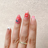 Hand-Drawn Doodles, Red Hearts and Cherry Graphic French Tip Press-On Nails