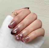 Pink And White Flower Accents Red Brown French Tip Press-On Nails