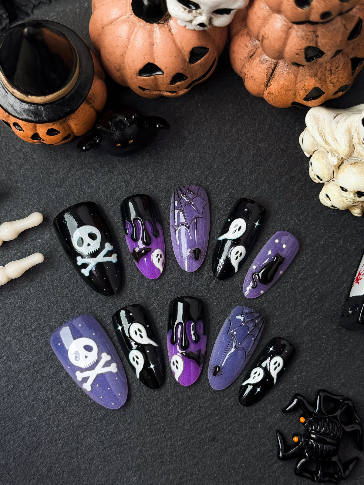 Black and Purple skulls , ghosts, and black cat Press-On Nails