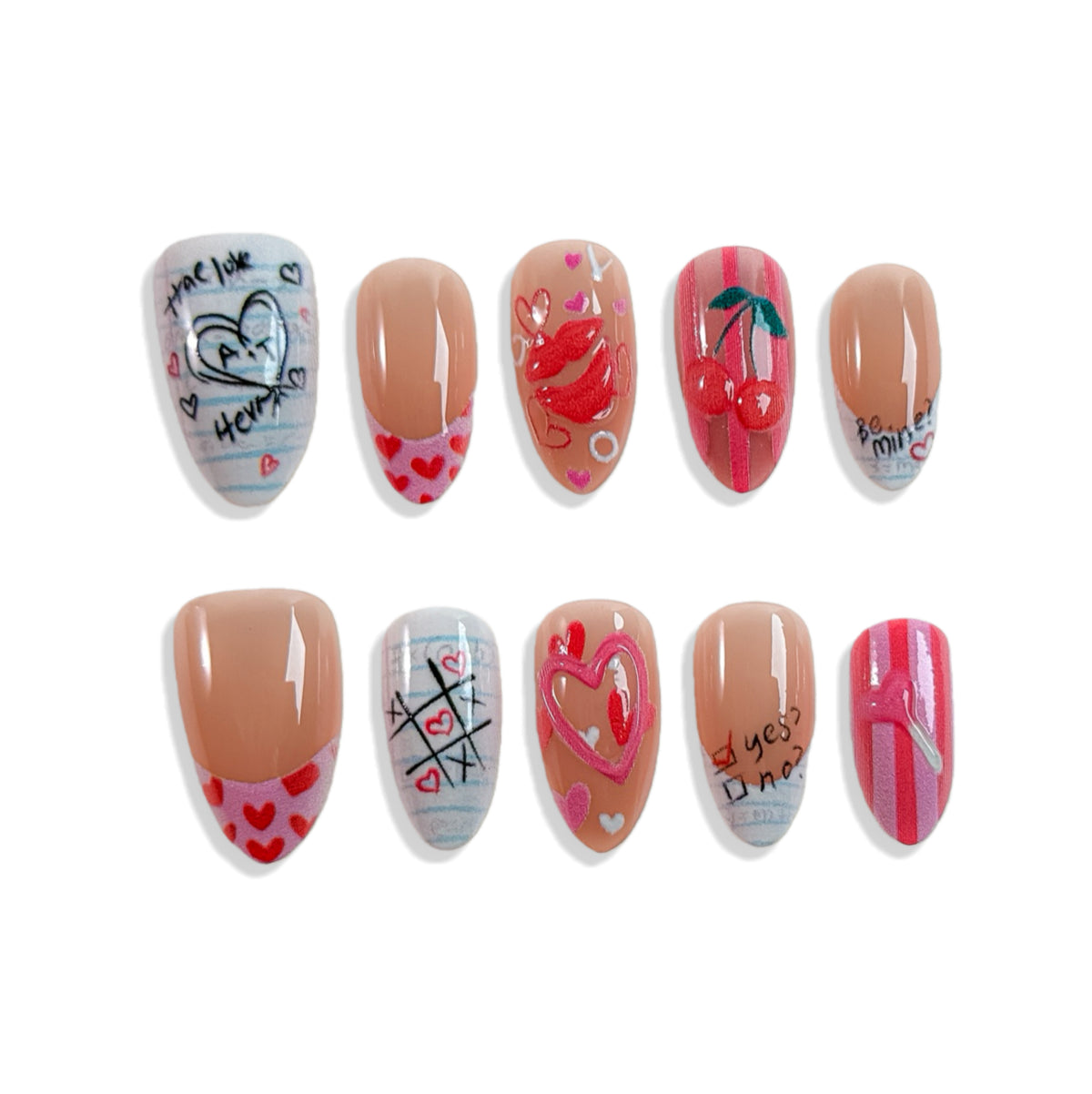 Hand-Drawn Doodles, Red Hearts and Cherry Graphic French Tip Press-On Nails
