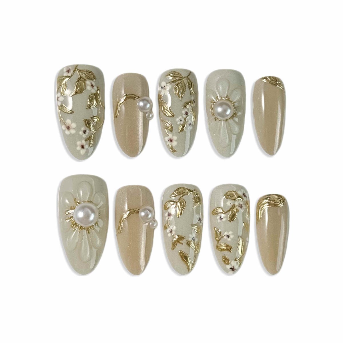 White Floral Motifs Intertwined With Metallic Gold Leaf And Pearls Press-On Nails