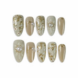 White Floral Motifs Intertwined With Metallic Gold Leaf And Pearls Press-On Nails