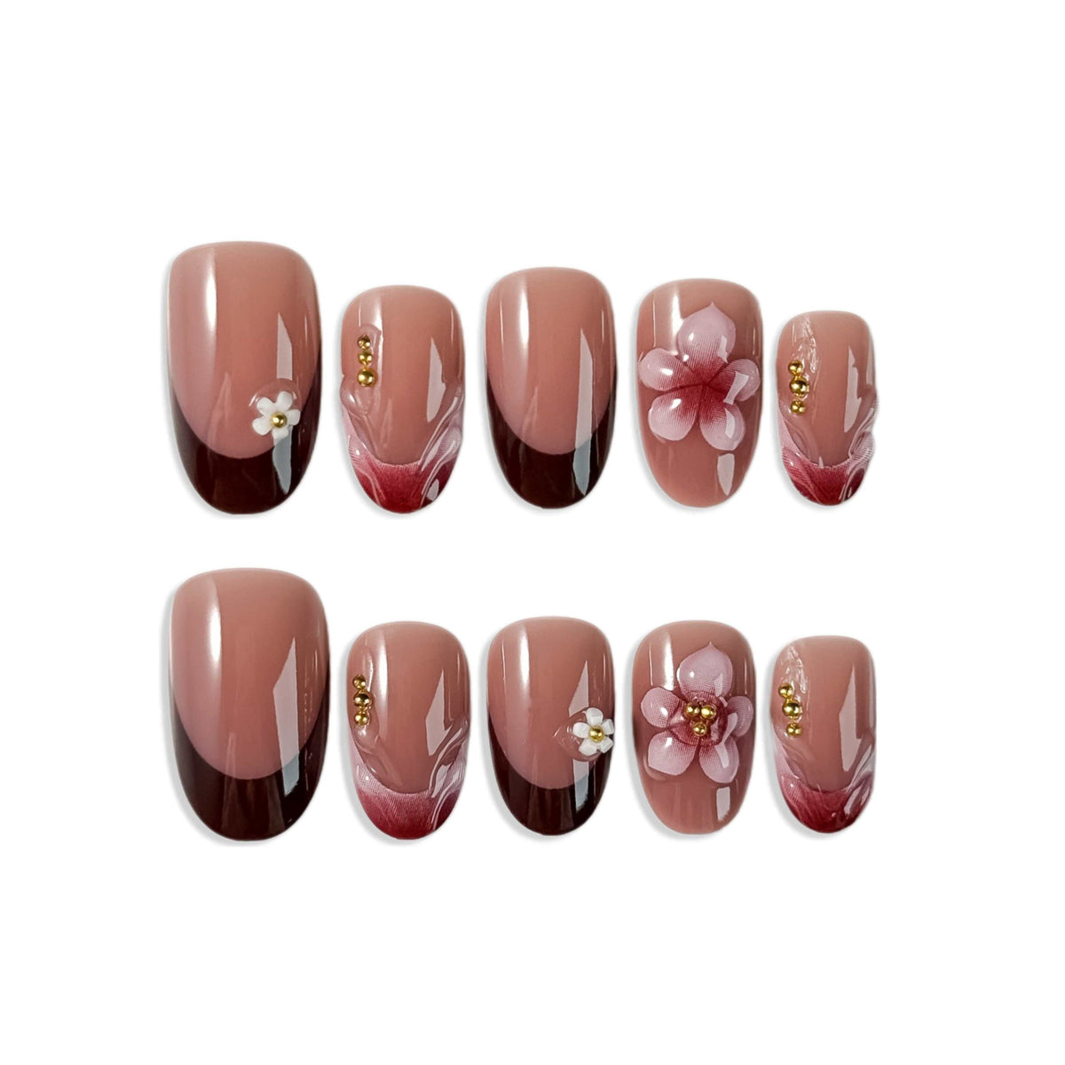 Pink And White Flower Accents Red Brown French Tip Press-On Nails