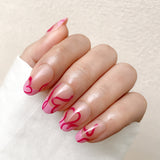 Hot-Pink Heart Outlines and Fluid Art Line French Tip Press-On Nails