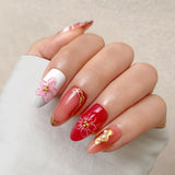 Pink 3D Flowers, Marbled Patterns With Gold Foil Accents Press-On Nails