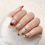 Shimmery Nude Base With Golden Starbursts and 3D Red Hearts Press-On Nails