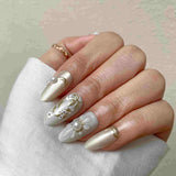 White Floral Motifs Intertwined With Metallic Gold Leaf And Pearls Press-On Nails