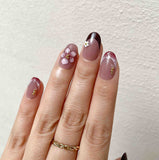 Pink And White Flower Accents Red Brown French Tip Press-On Nails