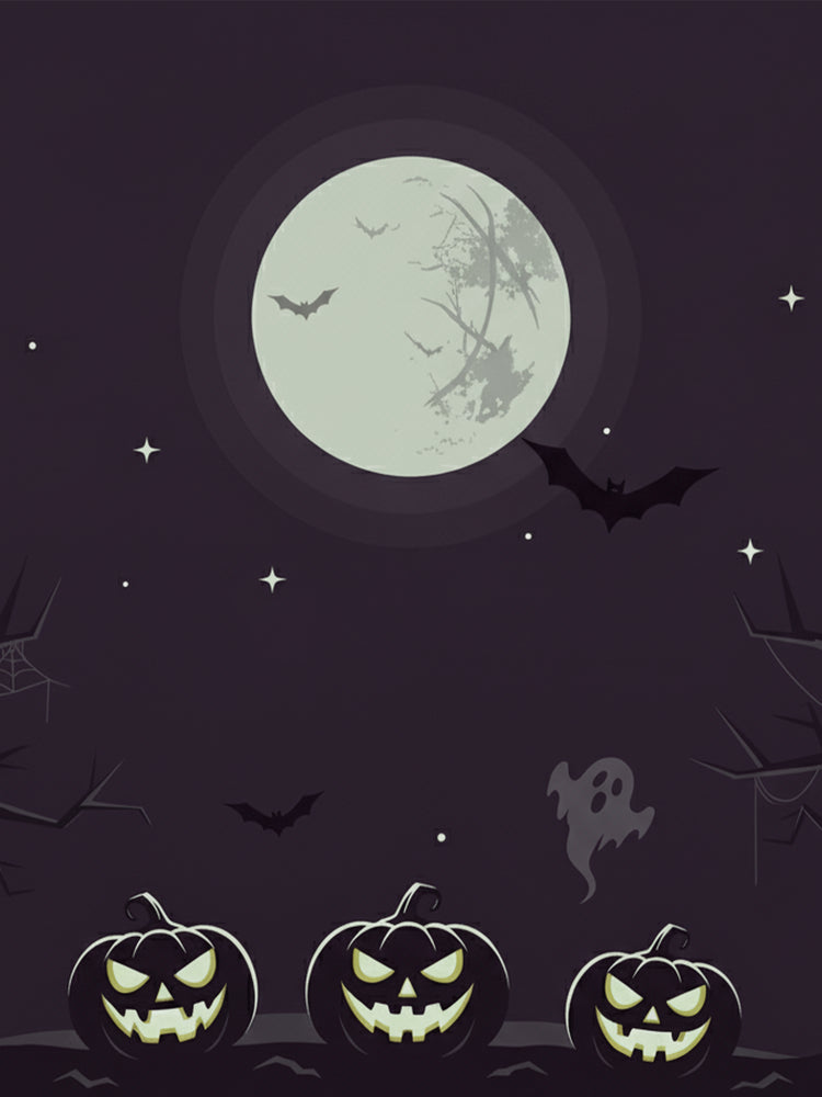 Halloween-themed background with pumpkins, bats, and a full moon.