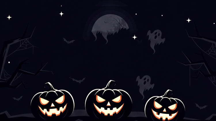 Three glowing jack-o'-lanterns on a dark background with bats and a moon.